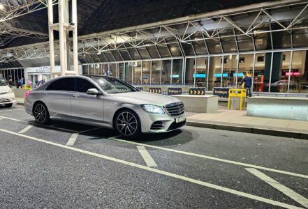 Silver Mercedes Parked at UK Drop Off Airport - Safe Travels VIP Chauffeur Services