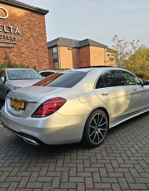 Silver Mercedes UK Parked Outside Marriott Delta Hotels - Safe Travels VIP Chauffeur Services